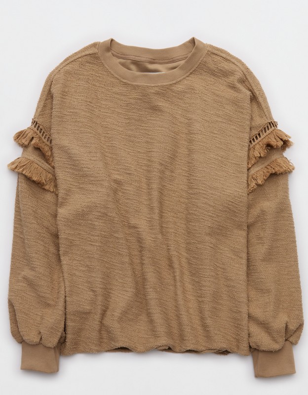 Aerie Textured Oversized Crew Sweatshirt - Toasted Almond
