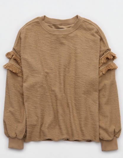Aerie Textured Oversized Crew Sweatshirt - Toasted Almond