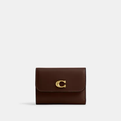 COACH®,Essential Card Holder Wallet,Leather,Calfskin Leather,Card Case,Bi Fold,Logo,Metal,Casual,Brown,Front View