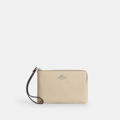 COACH®,Corner Zip Wristlet,Recycled Polyester,Leather,Wristlet,Pouch,Metal,Casual,Beige,Front View
