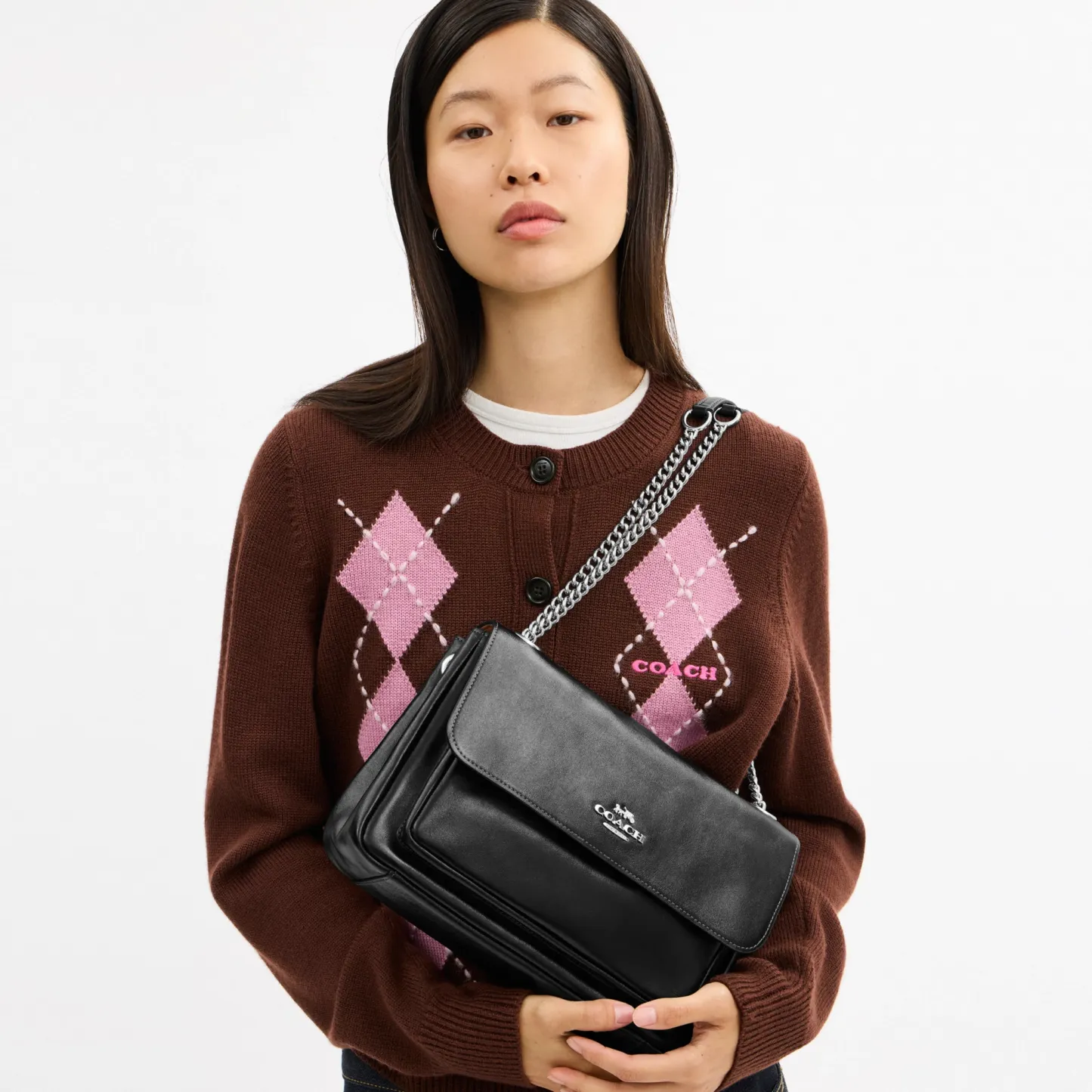 COACH®,Elodie Crossbody Bag,Leather,Shoulder Bag,Lined,Silver Metal,Day Party,Black,Detail View
