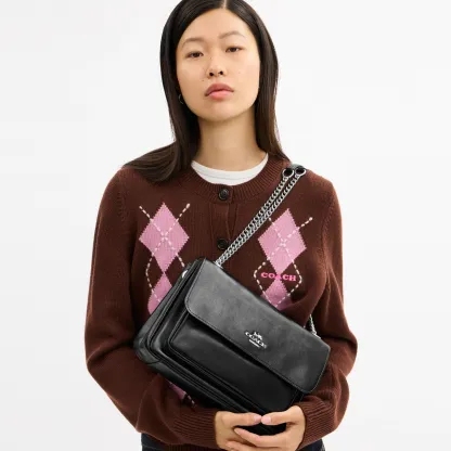 COACH®,Elodie Crossbody Bag,Leather,Shoulder Bag,Lined,Silver Metal,Day Party,Black,Detail View