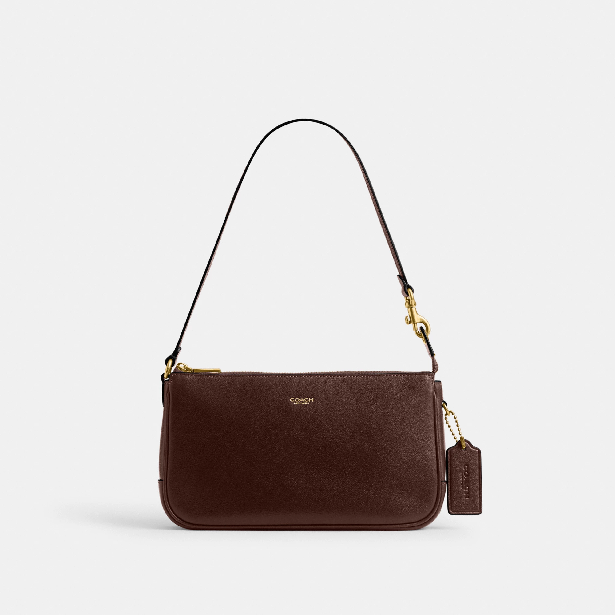 COACH®,Plaza Bag,Fabric,Leather,Shoulder Bag,Logo,Compact,Lined,Gold Metal,Casual,Brown,Front View