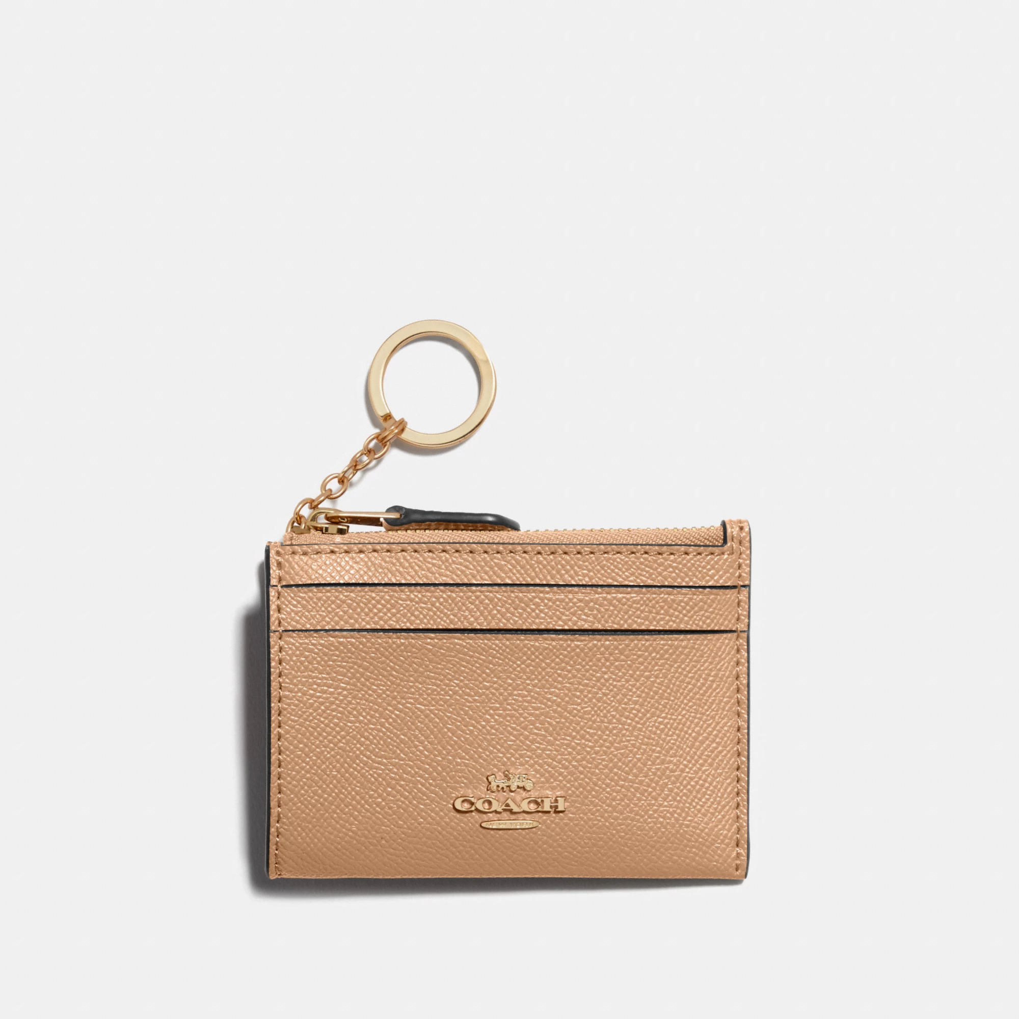 COACH®,Mini Skinny Id Case,Leather,Coin,Card Case,Key Ring,Gold Metal,Casual,Beige,Front View