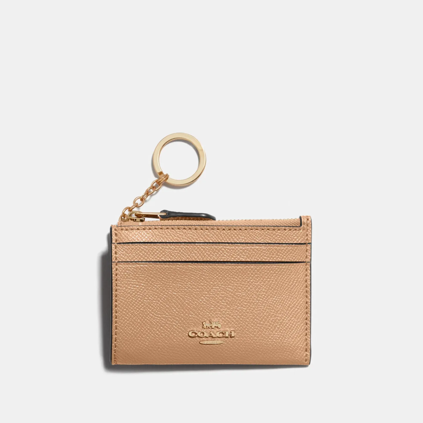 COACH®,Mini Skinny Id Case,Leather,Coin,Card Case,Key Ring,Gold Metal,Casual,Beige,Front View