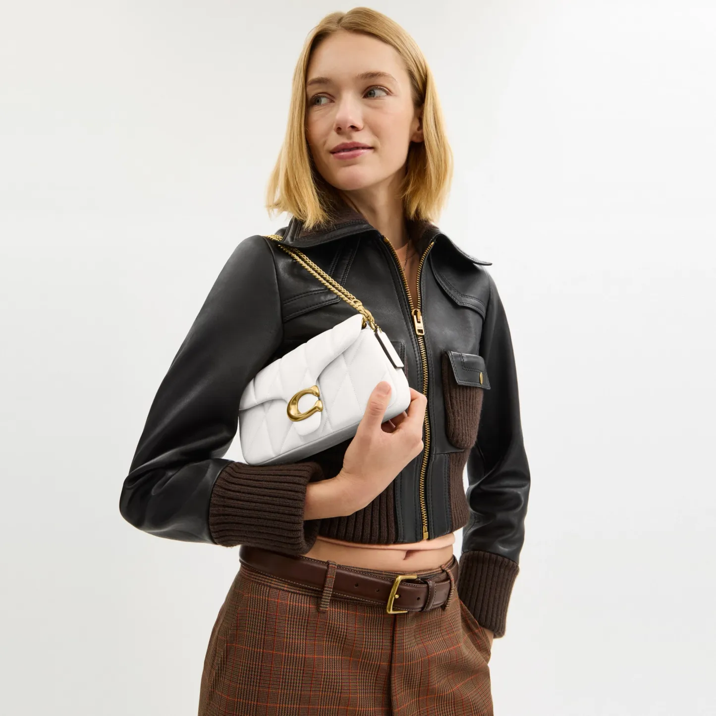 COACH®,Tabby Chain Crossbody Bag 19 With Quilting,Lining Leather,Leather,Crossbody,Wristlet,Logo,Pattern,Stitching,Embelli...,White,Detail View