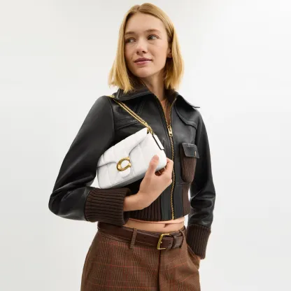 COACH®,Tabby Chain Crossbody Bag 19 With Quilting,Lining Leather,Leather,Crossbody,Wristlet,Logo,Pattern,Stitching,Embelli...,White,Detail View