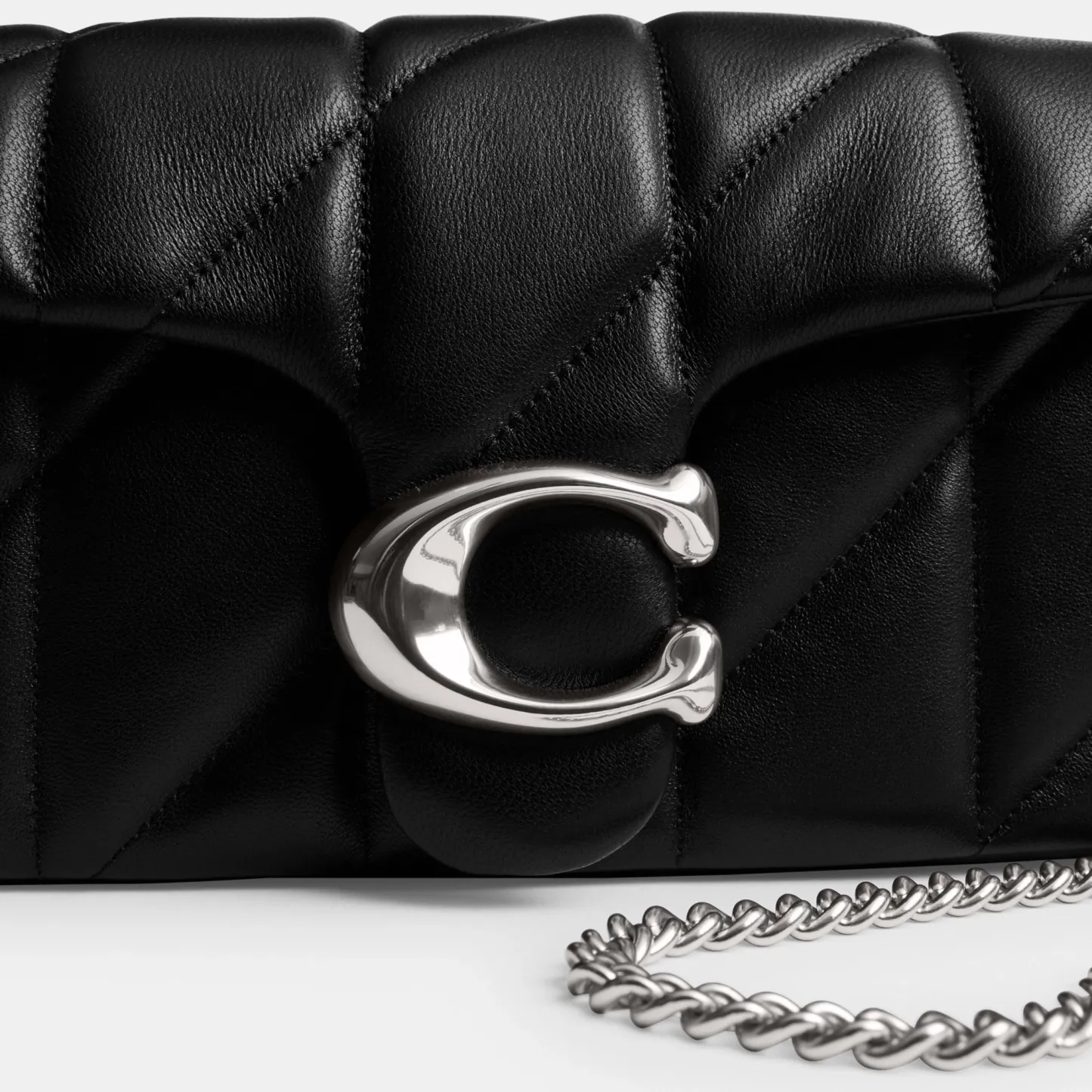 COACH®,Tabby Chain Crossbody Bag 19 With Quilting,Lining Leather,Leather,Crossbody,Wristlet,Logo,Pattern,Stitching,Embelli...,Black,Closer View