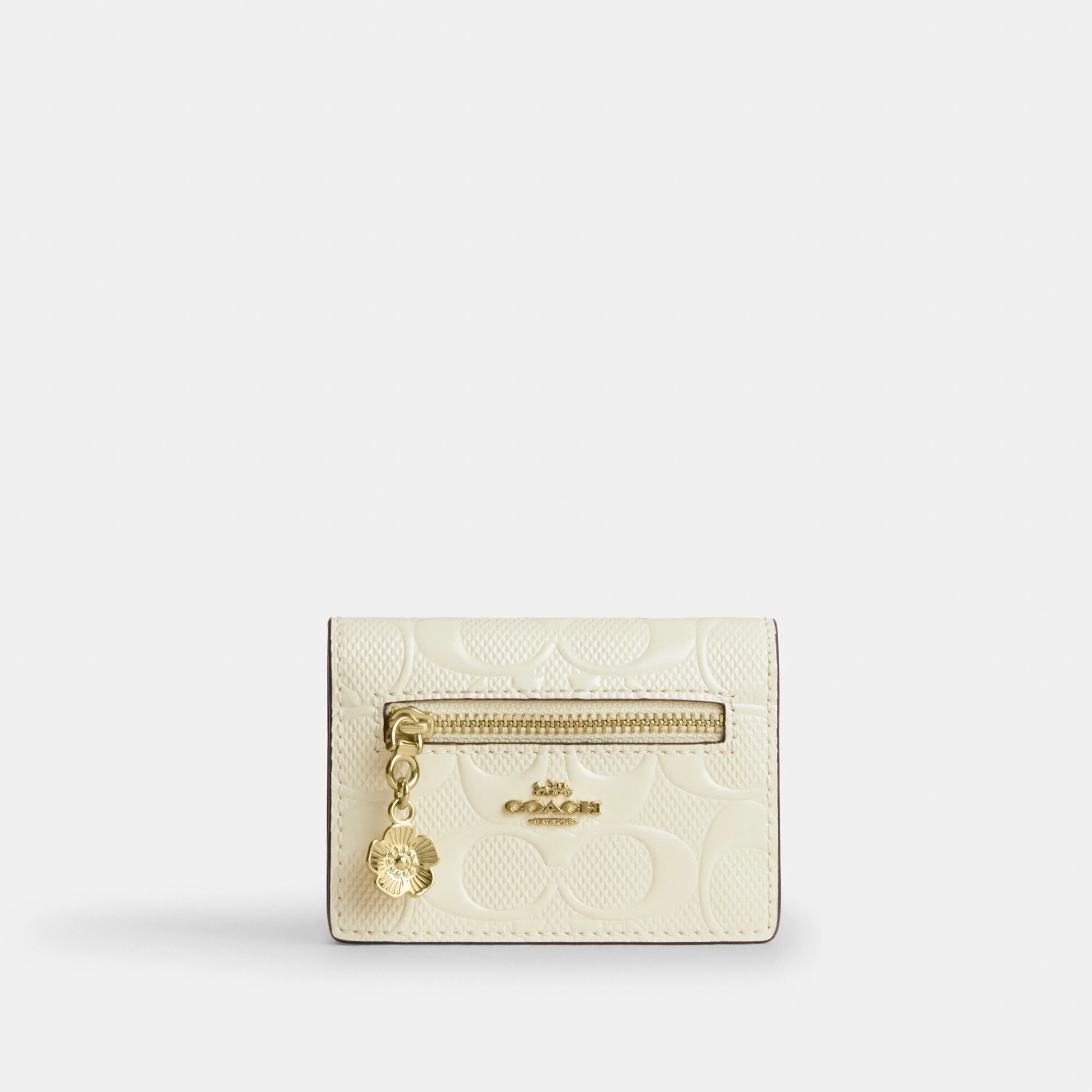 COACH®,Card Case With Charm In Signature Leather,Cream,Front View