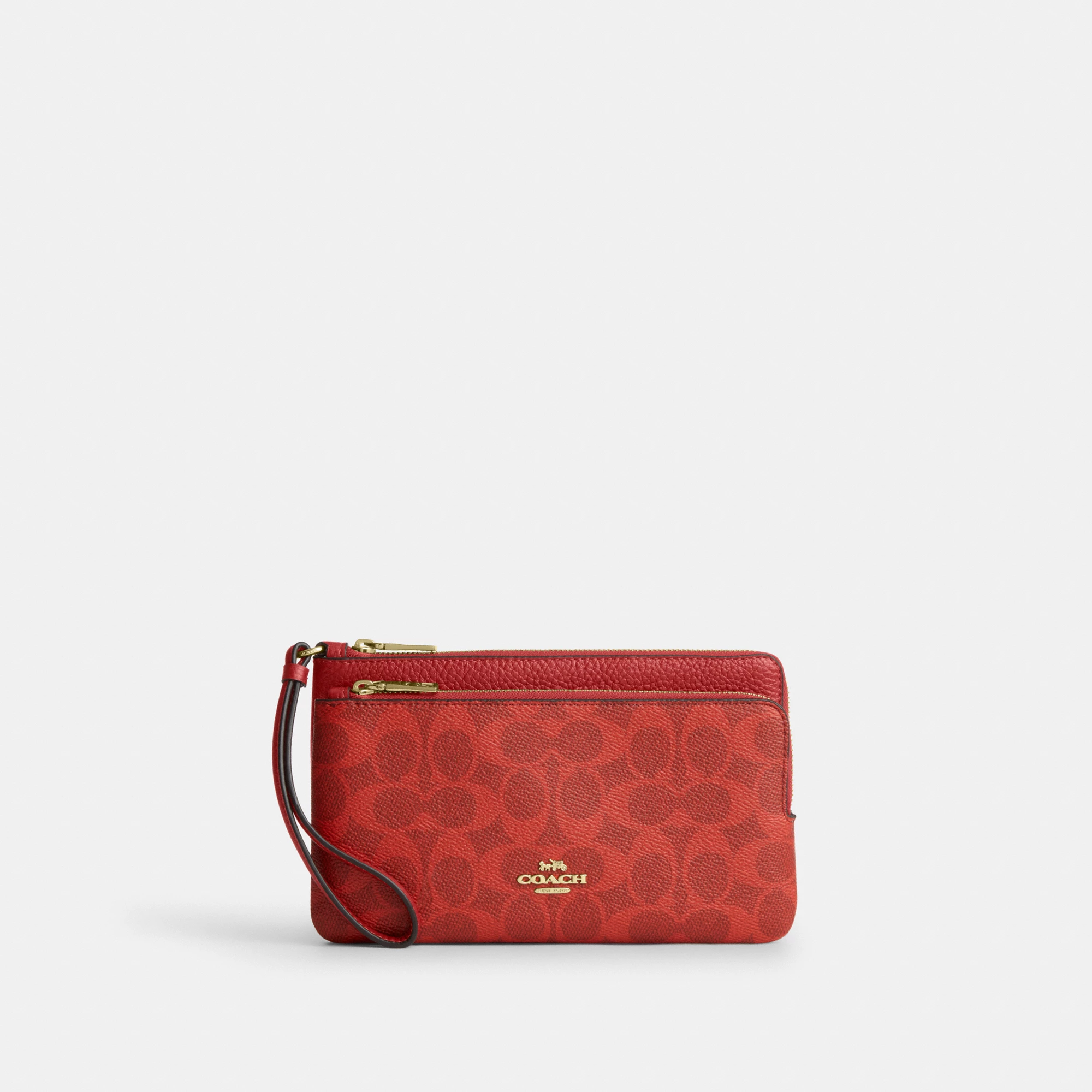COACH®,Double Zip Wallet In Signature Canvas,Continental,Coin,Color Block,Casual,Red,Front View