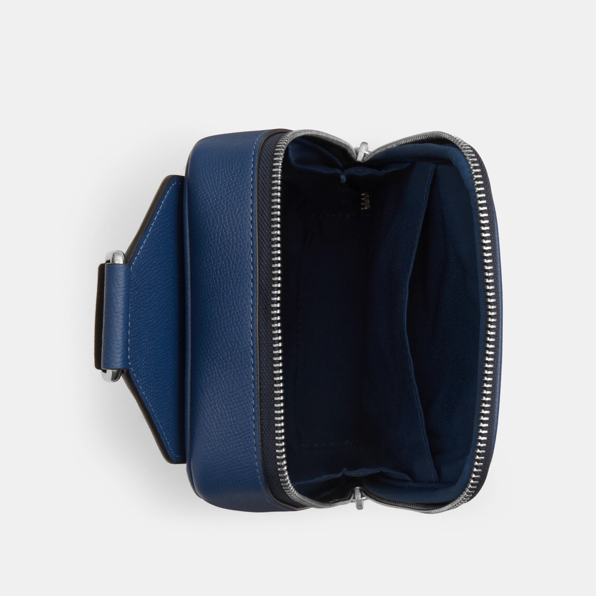 COACH®,Ray Pack,Recycled Polyester,Leather,Crossbody,Slingback,Metal Material,Logo,Adjustable,Silver Metal,Casual,Blue,Inside View,Top View