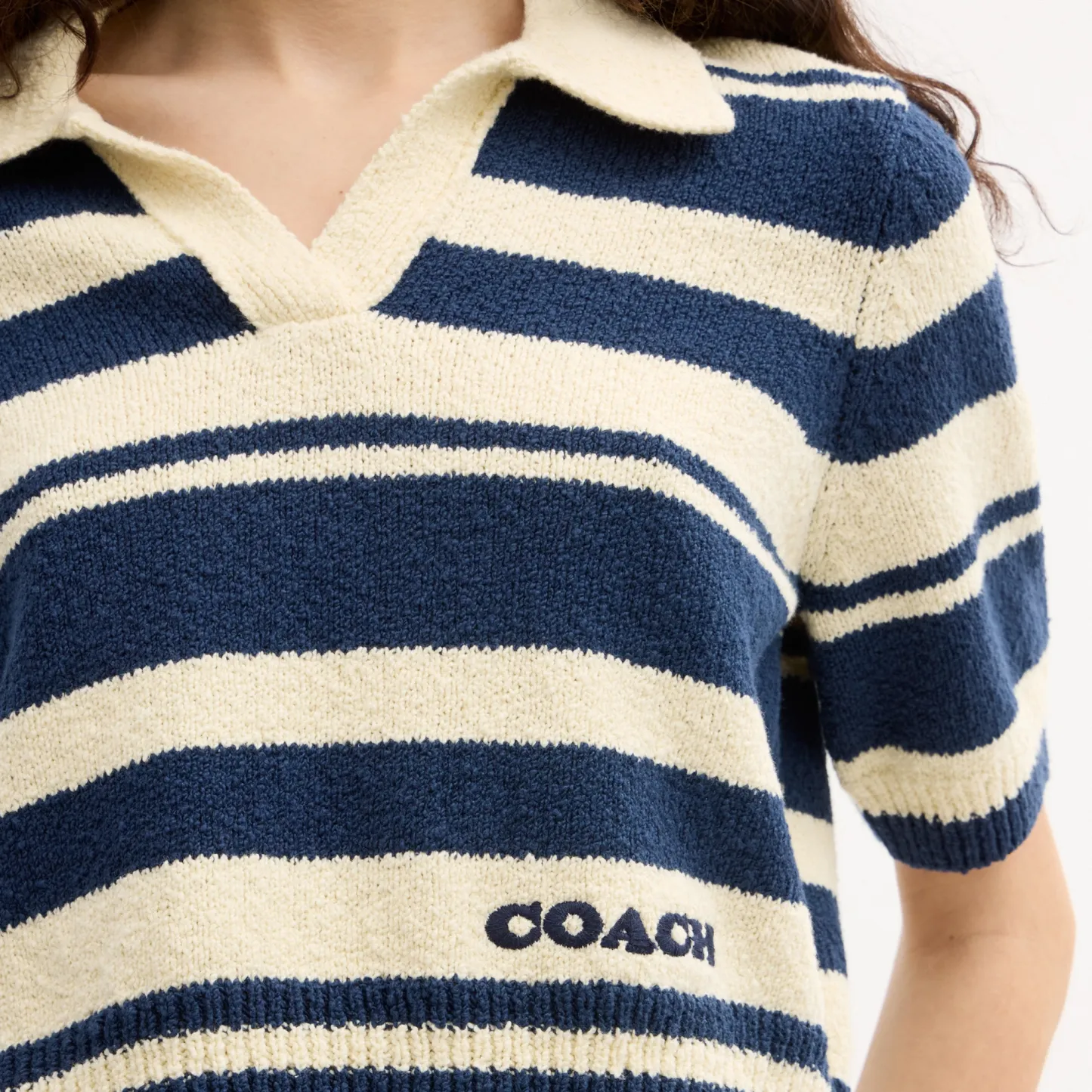 COACH®,Striped Knit Polo,Navy,Detail View