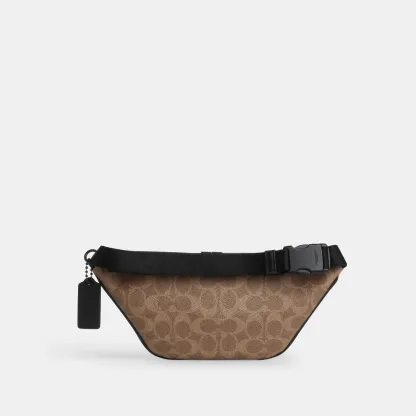 COACH®,Travis Belt Bag 30 In Signature Canvas,Recycled Polyester,Leather,Canvas,Belt Bag,Logo,Adjustable,Gunmetal,Casual,Brown,Back View