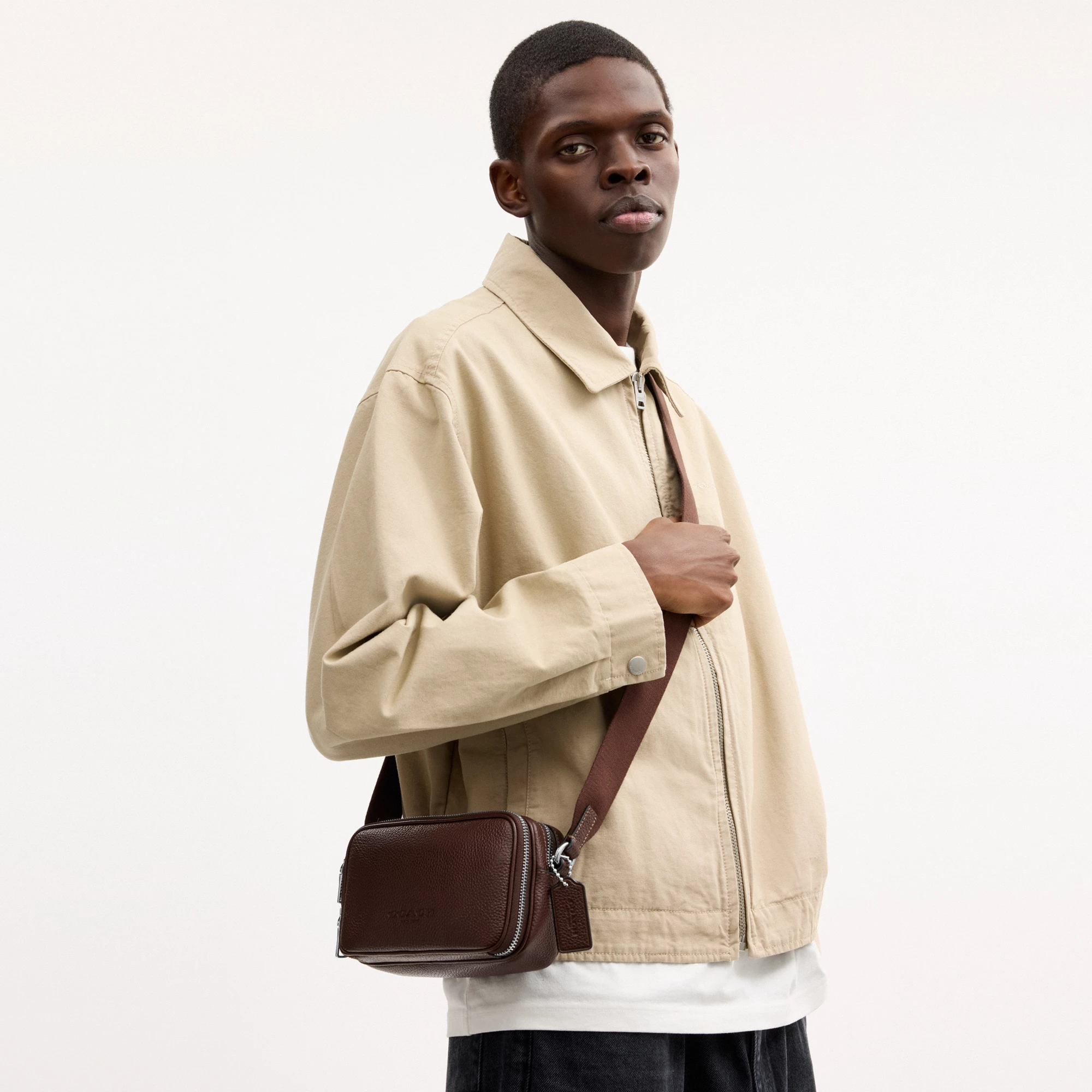 COACH®,Colton Crossbody Bag 19,Recycled Polyester,Leather,Crossbody,Logo,Sustainable,Silver Metal,Casual,Brown,Detail View
