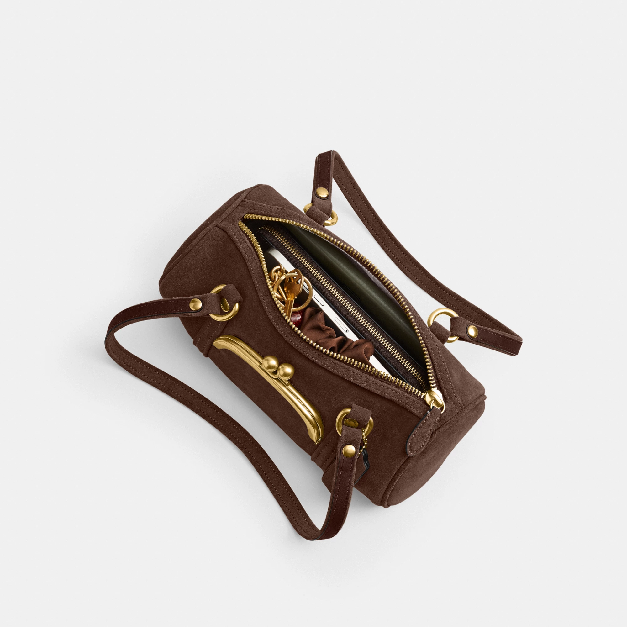 COACH®,Kisslock Barrel Bag 28,Lining Cotton,Suede,Leather,Barrel Bag,Pendant,Sustainable,Compact,Brass,Day Party,Brown,Inside View,Top View