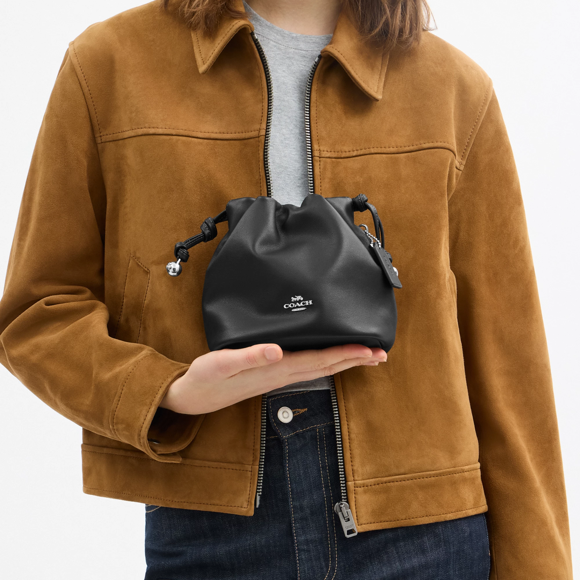 COACH®,Faye Mini Drawstring Bag,Leather,Bucket,Logo,Metal,Silver Metal,Day Party,Black,Detail View