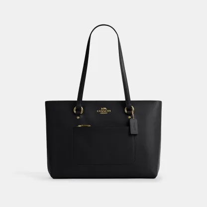 COACH®,Station Tote Bag,Leather,Recycled Polyester,Tote,Logo,Metal,Gold Metal,Work,Black,Front View