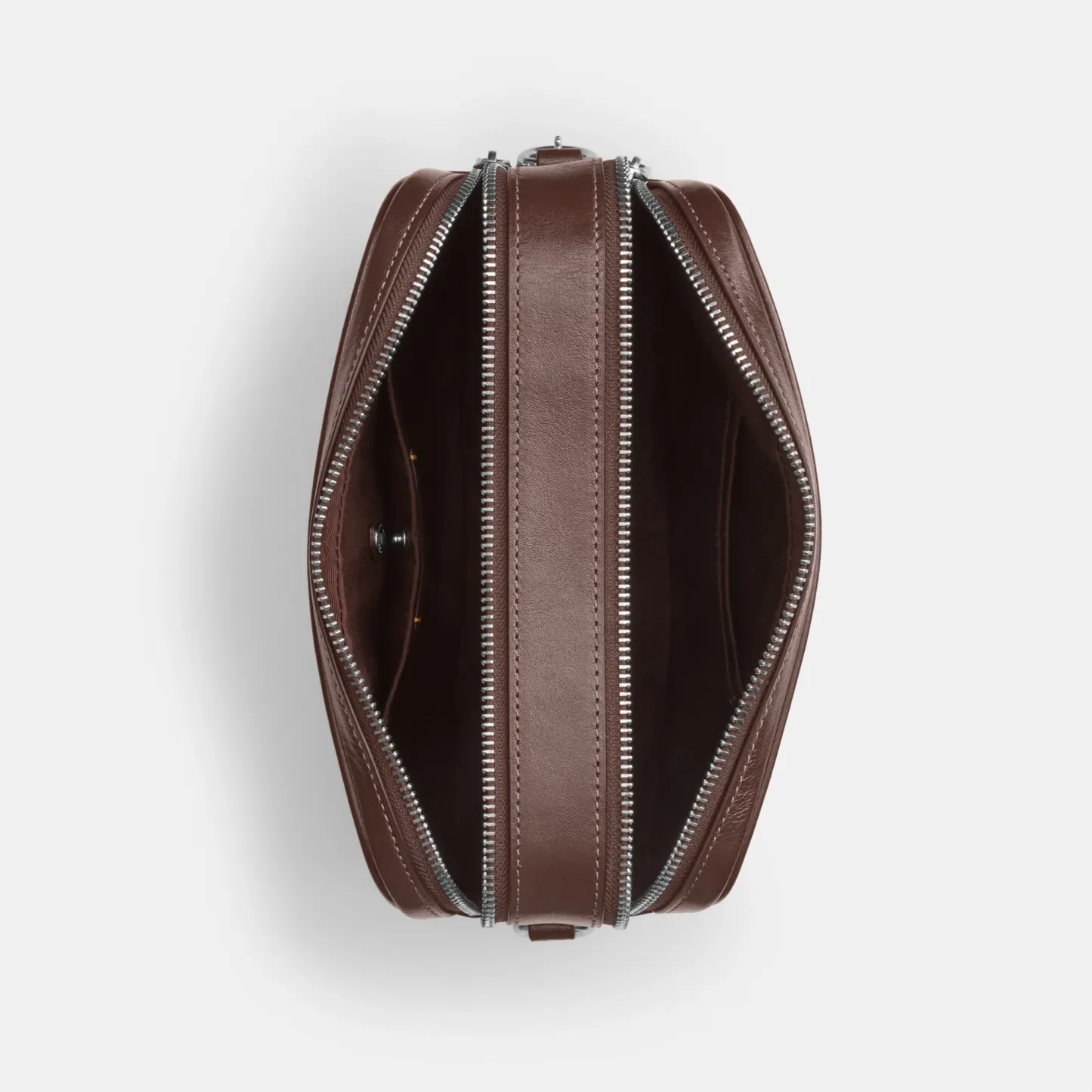 COACH®,Carey Crossbody Bag,Recycled Polyester,Leather,Camera Bag,Metal,Logo,Adjustable,Lined,Gold Metal,Casual,Brown,Inside View,Top View