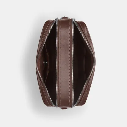 COACH®,Carey Crossbody Bag,Recycled Polyester,Leather,Camera Bag,Metal,Logo,Adjustable,Lined,Gold Metal,Casual,Brown,Inside View,Top View