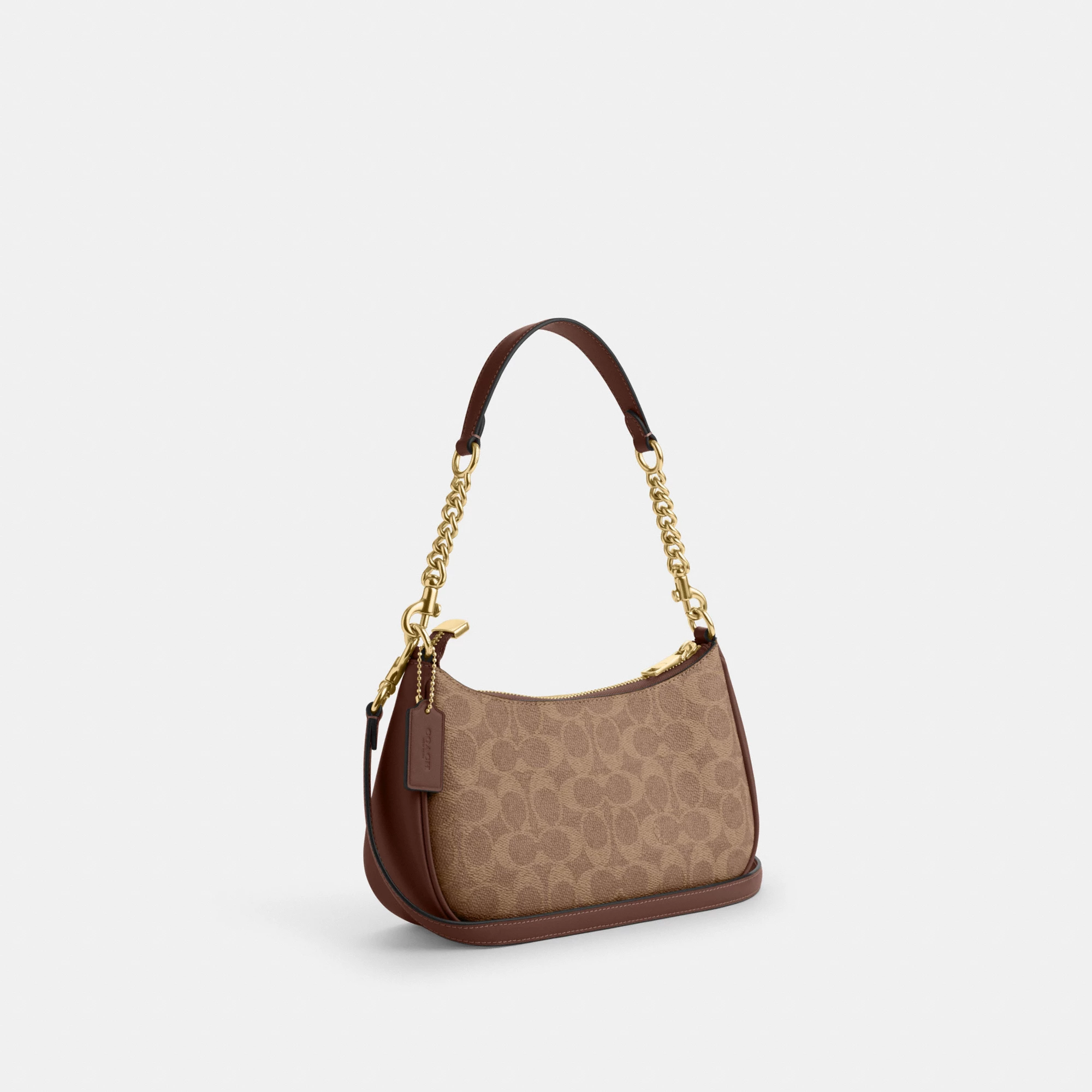COACH®,Teri Shoulder Bag In Signature Canvas,Shoulder Bag,Logo,Tag Embellishment,Embossed,Metal,Casual,Brown,Angle View
