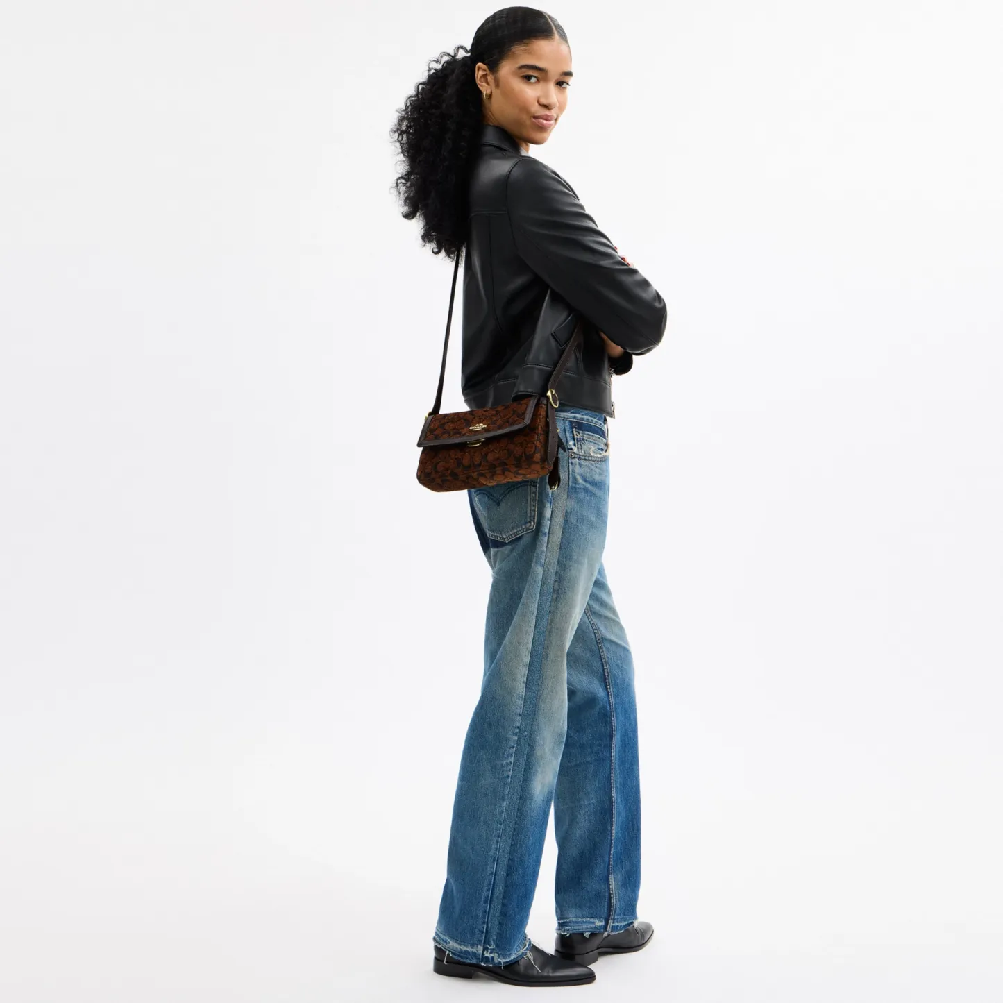 COACH®,Etta Small Flap Shoulder Bag In Signature Chenille,Leather,Fabric,Shoulder Bag,Word Embellishment,Logo,Adjustable,C...,Brown,Detail View