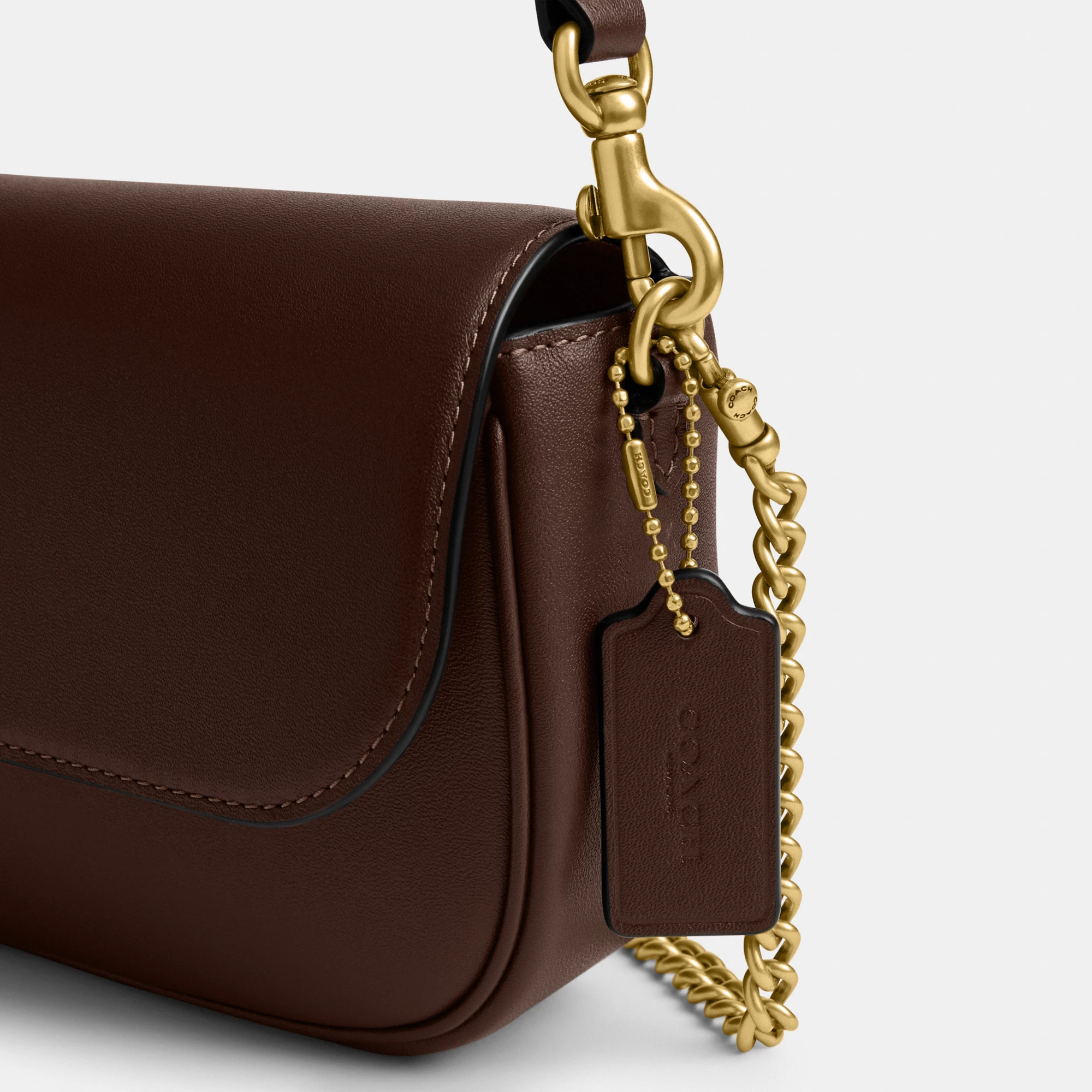 COACH®,Brook Flap Chain Bag,Calfskin Leather,Leather,Fabric,Shoulder Bag,Logo,Metal,Compact,Adjustable,Shoulder Guard,Gold...,Brown,Closer View