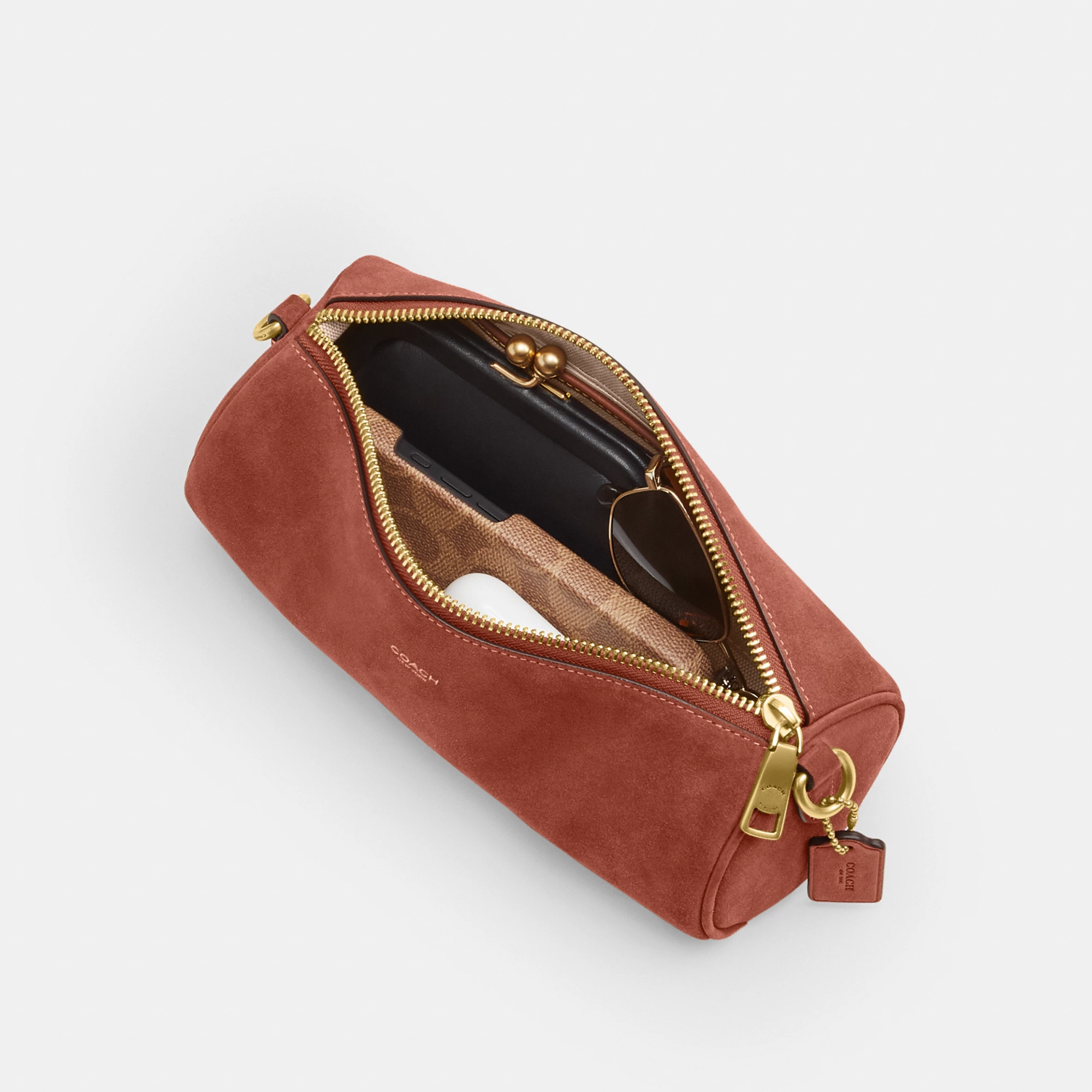 COACH®,Barrel Bag,Calfskin Leather,Suede,Barrel Bag,Pendant,Lined,Adjustable,Brass,Casual,Brown,Inside View,Top View