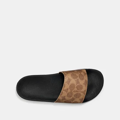 COACH®,Udele Sport Slide In Signature Canvas,Canvas,Rubber,EVA,Slides,Logo,Pull Tab,Cushioned Outsole,Casual,Brown,Inside View,Top View