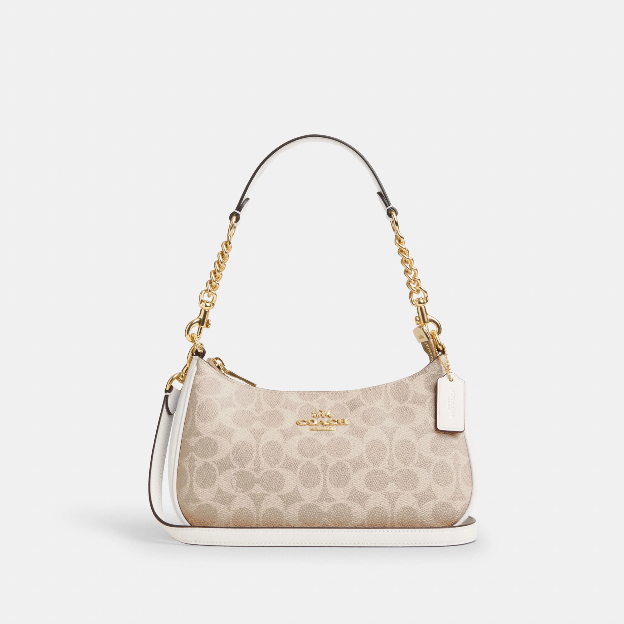 COACH®,Teri Shoulder Bag In Signature Canvas,Shoulder Bag,Logo,Tag Embellishment,Embossed,Metal,Casual,Beige,Front View