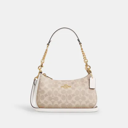 COACH®,Teri Shoulder Bag In Signature Canvas,Shoulder Bag,Logo,Tag Embellishment,Embossed,Metal,Casual,Beige,Front View