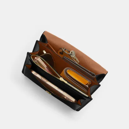 COACH®,Klare Crossbody Bag,Calfskin Leather,Leather,Crossbody,Metal,Logo,Luggage Tag,Adjustable,Lined,Compact,Gold Metal,D...,Black,Inside View,Top View