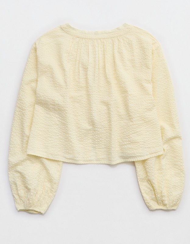Aerie Seersucker Long Sleeve Volume Tie Top - Cozy Yellow