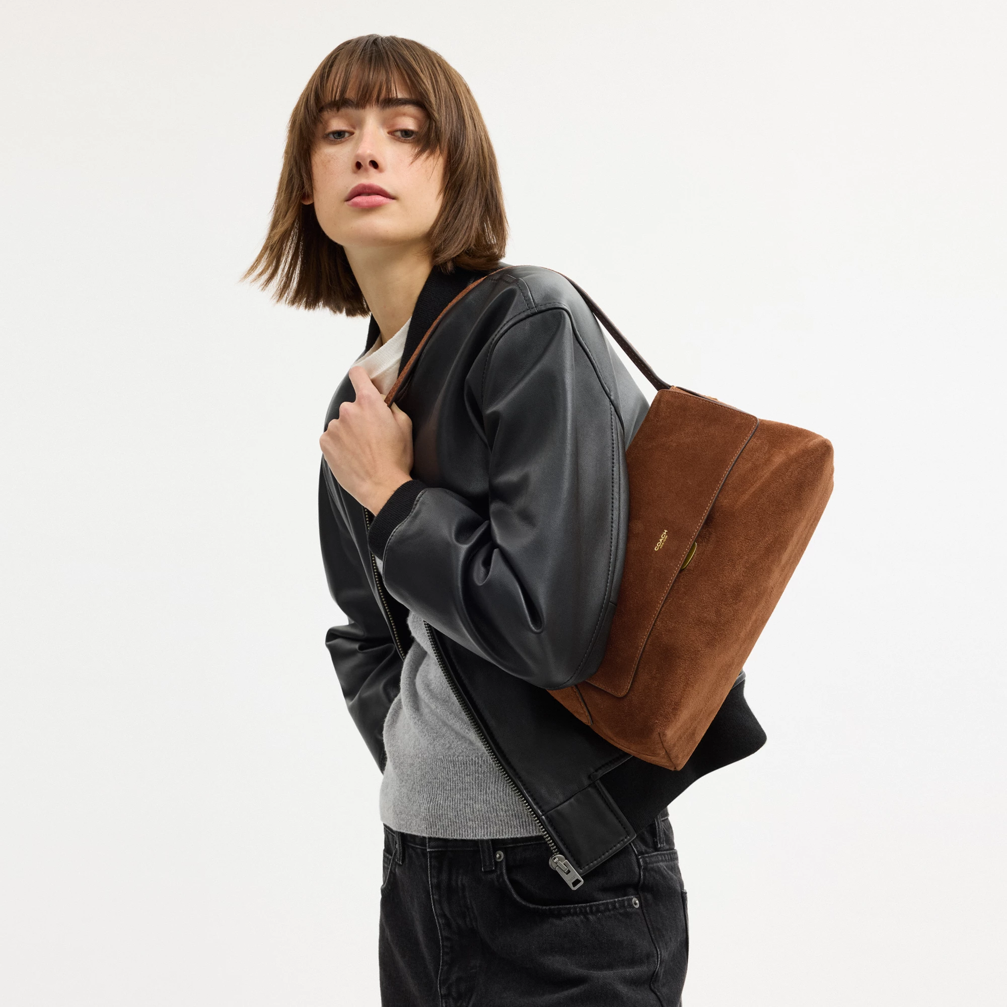 COACH®,Chelsea Shoulder Bag 30,Suede,Leather,Shoulder Bag,Brass,Casual,Brown,Detail View