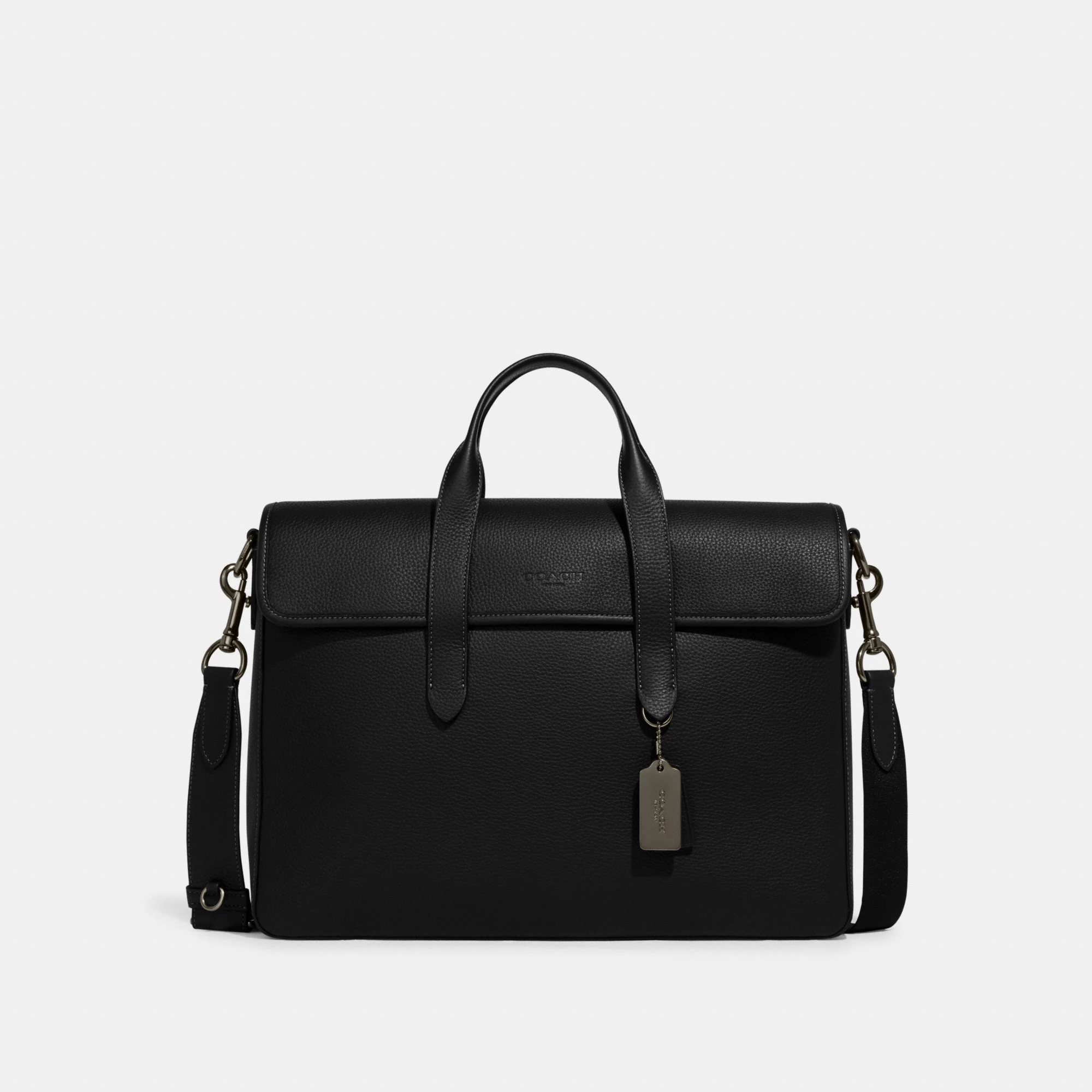 COACH®,Sullivan Portfolio Brief,Leather,Briefcase,Gunmetal,Work,Black,Front View