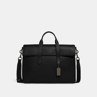 COACH®,Sullivan Portfolio Brief,Leather,Briefcase,Gunmetal,Work,Black,Front View