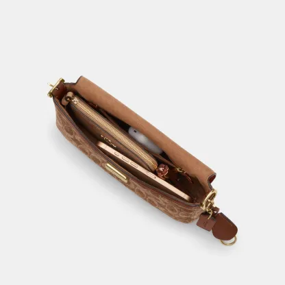 COACH®,Etta Small Flap Shoulder Bag In Signature Chenille,Leather,Fabric,Shoulder Bag,Word Embellishment,Logo,Adjustable,C...,Brown,Inside View,Top View