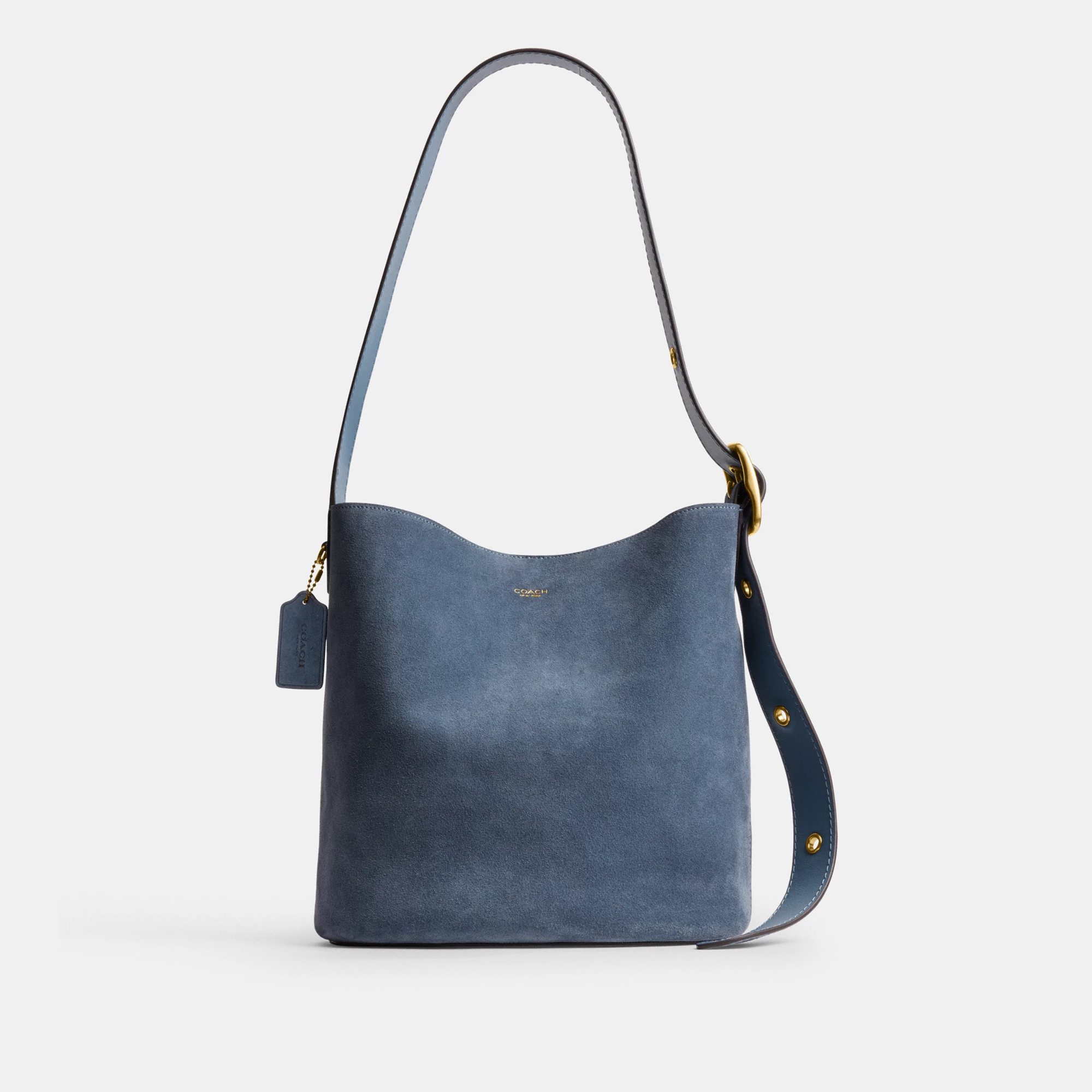 COACH®,Bleecker Bucket Bag,Leather,Suede,Bucket,Hobo,Embellished,Lined,Adjustable,Gold Metal,Casual,Navy,Front View