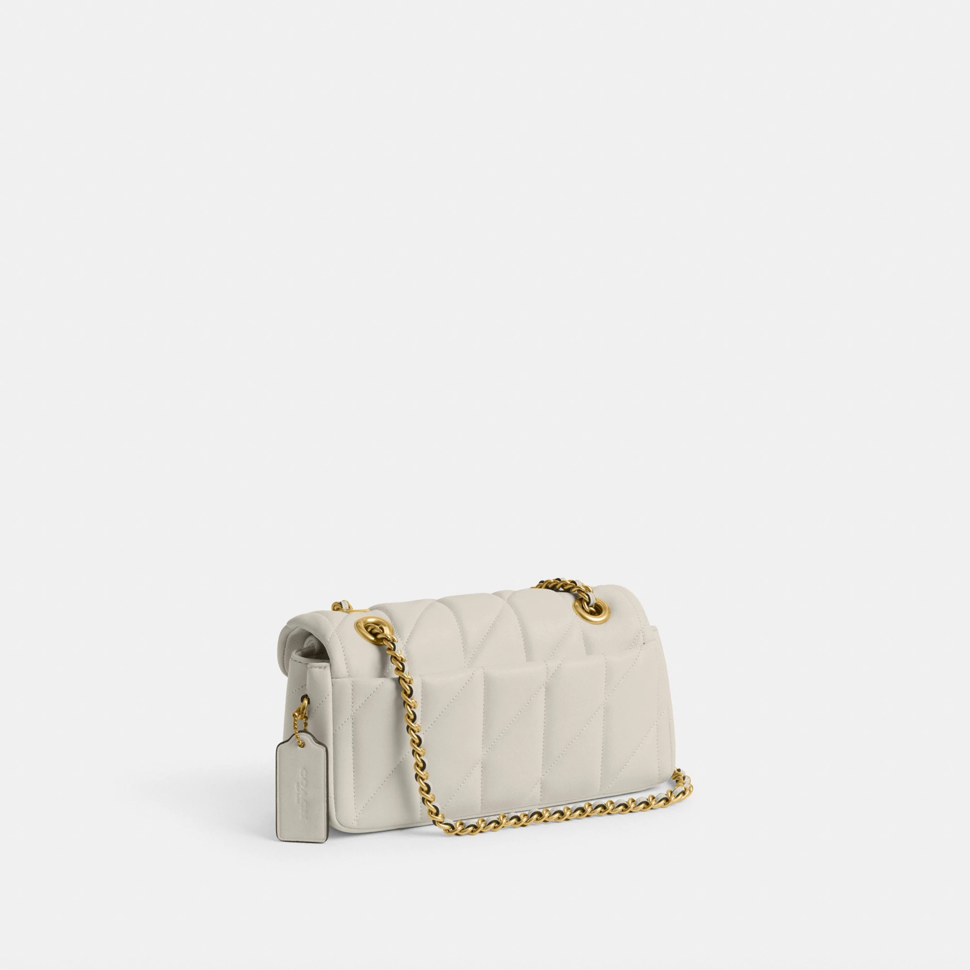 COACH®,Tabby Shoulder Bag 20 With Pillow Quilting,Leather,Shoulder Bag,Chain Detail,Embossed,Logo,Metal,Gold Metal,Day Party,White,Angle View