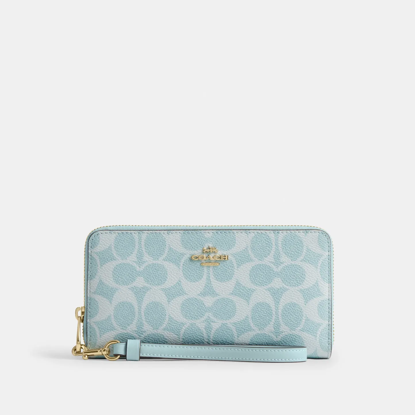 COACH®,Long Zip Around Wallet In Signature Canvas,Continental,Coin,Sustainable,Casual,Blue,Front View