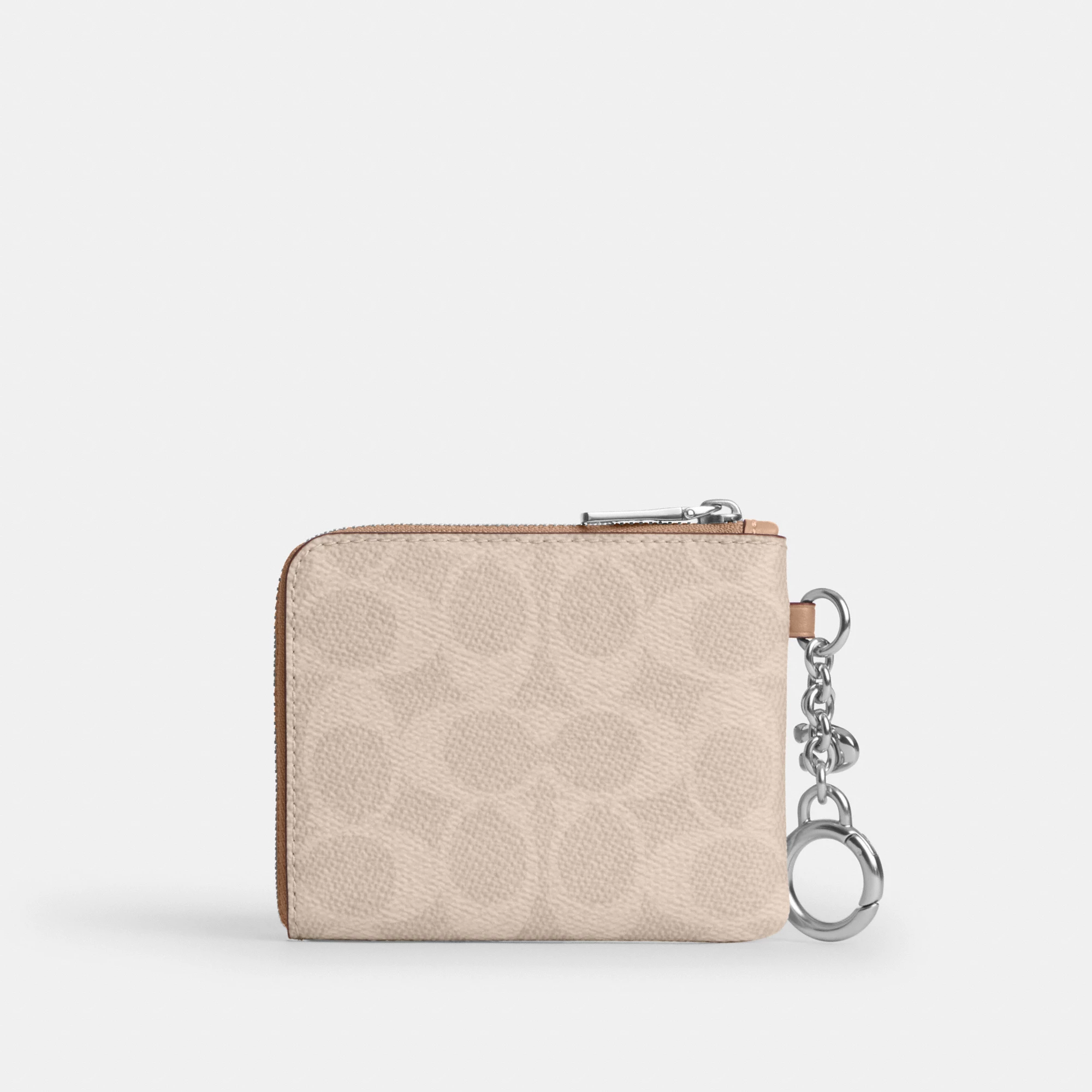 COACH®,Small Corner Zip Wallet In Signature Canvas,Canvas,Leather,Metal Material,Logo,Key Ring,Gold Metal,Casual, Father's...,Beige,Back View