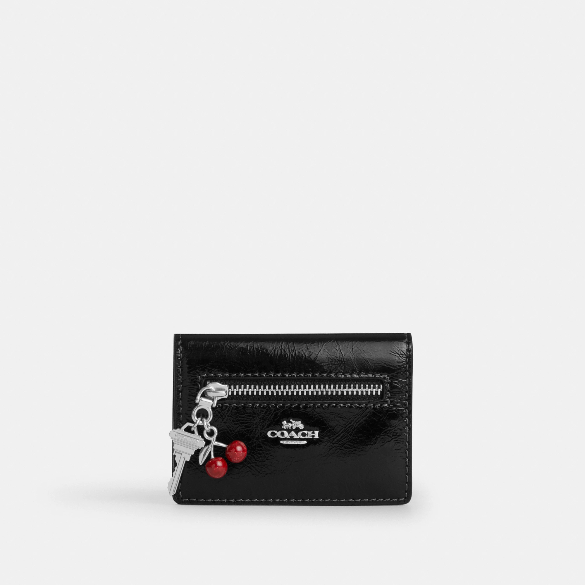 COACH®,Card Case With Charms,Leather,Card Case,Logo,Silver Metal,Casual, Father's Day,Black,Front View