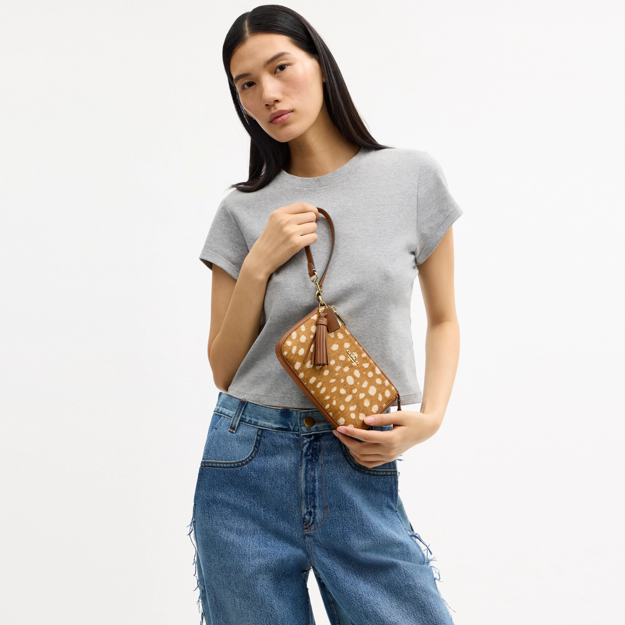 COACH®,Nolita 19 With Deer Print,Recycled Polyester,Calf Hair,Leather,Pouch,Metal Material,Lined,Sustainable,Gold Metal,Ca...,Brown,Detail View