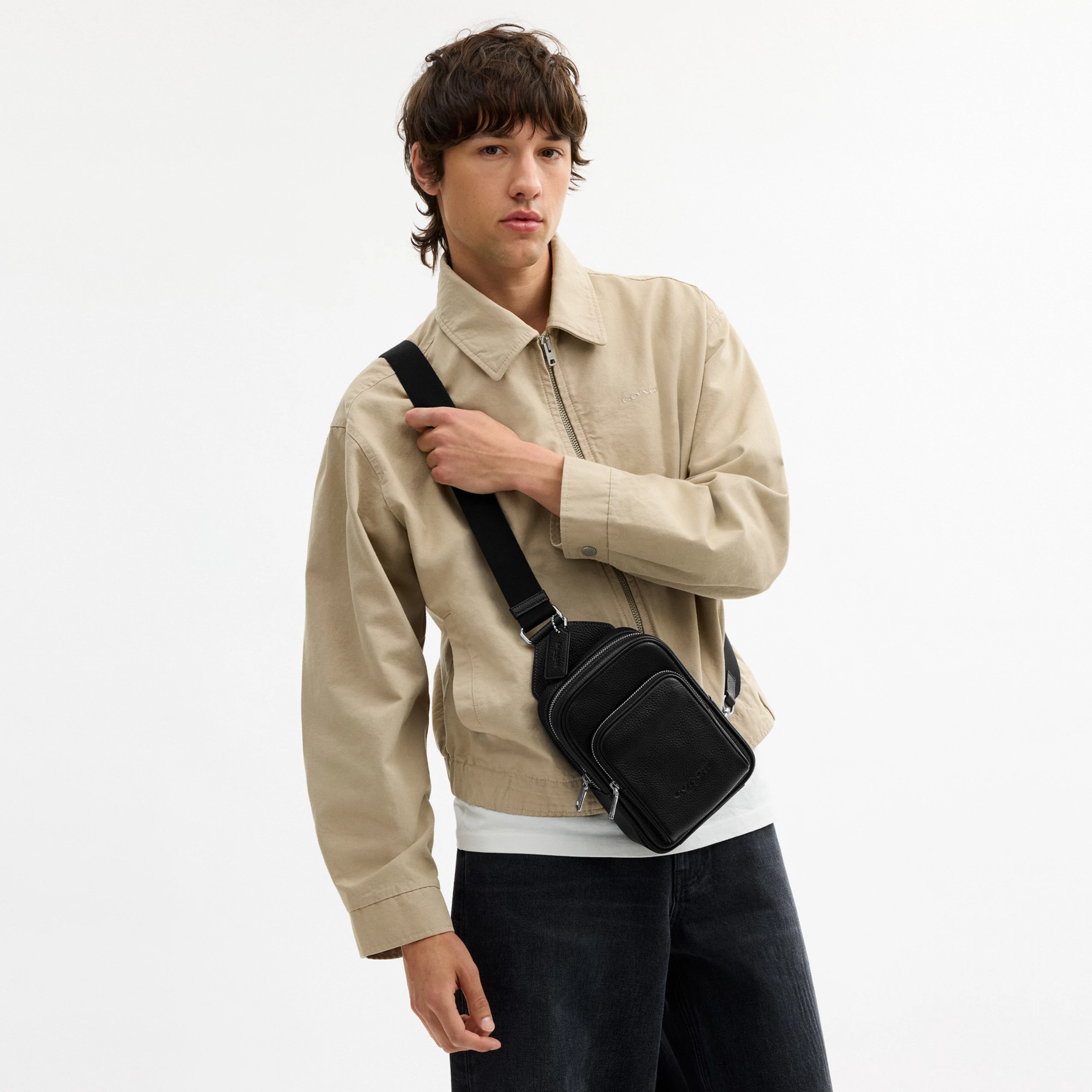 COACH®,Racer Sling Pack,Recycled Polyester,Polyester,Leather,Slingback,Metal Material,Metal,Adjustable,Silver Metal,Casual,Black,Detail View