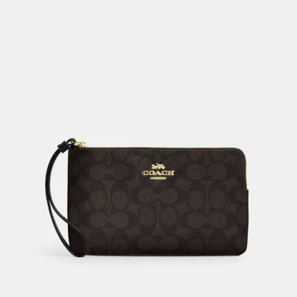 COACH®,Large Corner Zip Wristlet In Signature Canvas,Canvas,Wristlet,Casual,Black,Front View