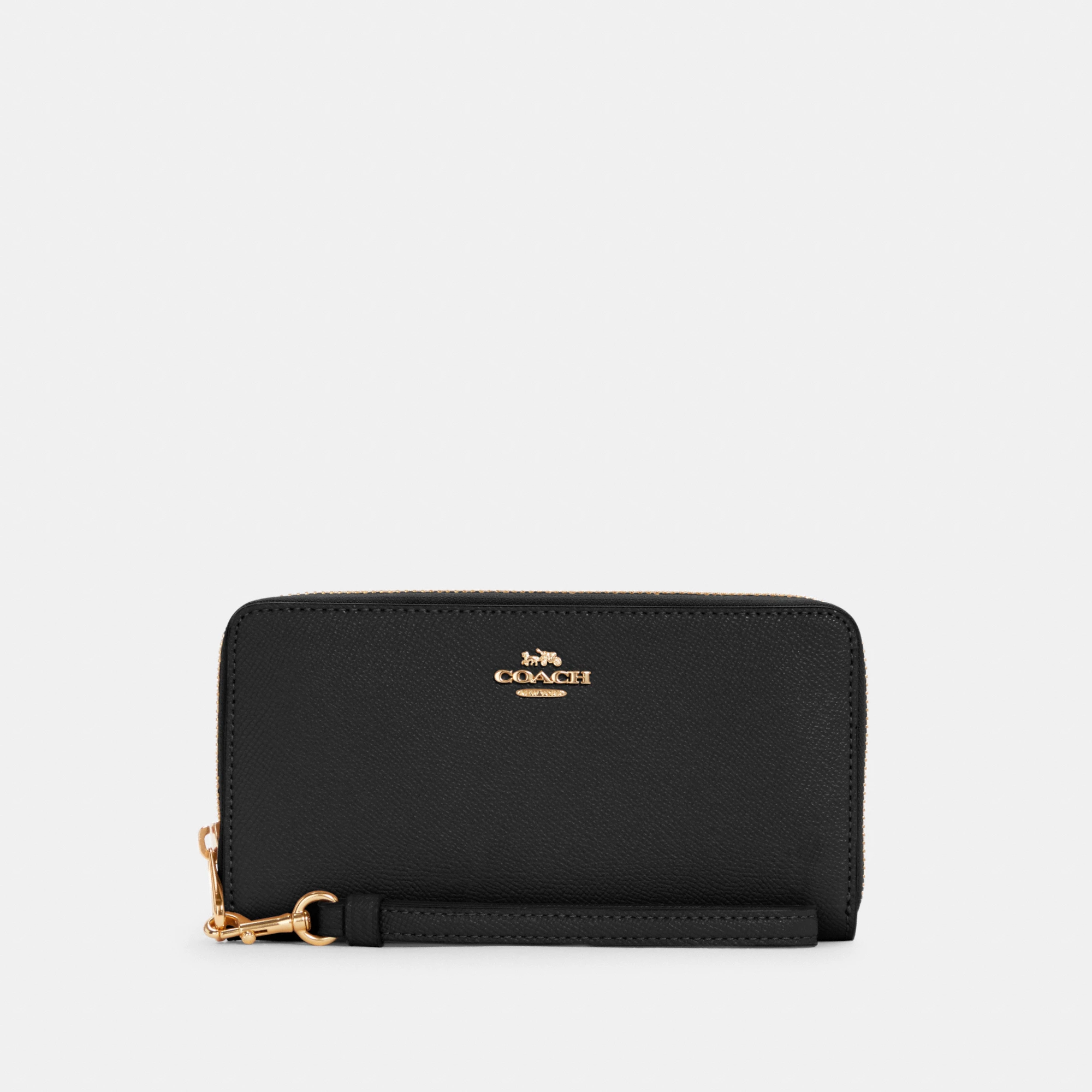 COACH®,Long Zip Around Wallet,Leather,Wristlet,Continental,Gold Metal,Casual,Black,Front View