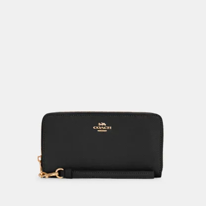 COACH®,Long Zip Around Wallet,Leather,Wristlet,Continental,Gold Metal,Casual,Black,Front View