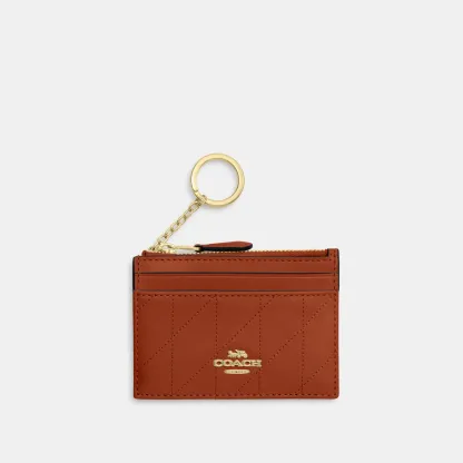 COACH®,Mini Skinny Id Case With Quilting,Recycled Polyester,Leather,Key Chain,Card Case,Metal Material,Logo,Key Ring,Susta...,Brown,Front View