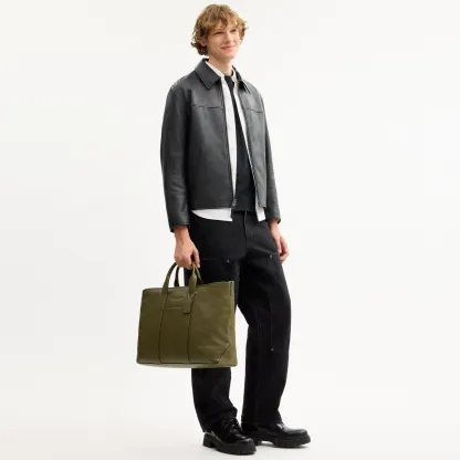 COACH®,Grayson Tote Bag,Leather,Recycled Polyester,Tote,Sustainable,Silver Metal,Work, Father's Day,Olive,Detail View