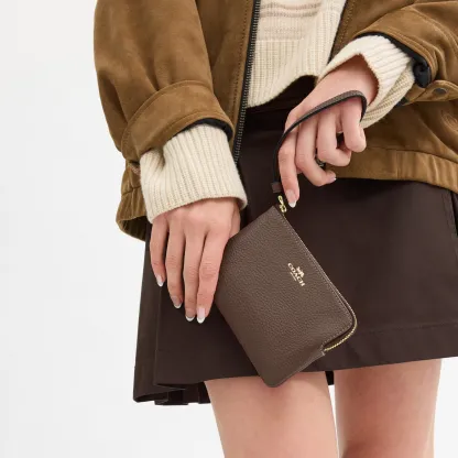 COACH®,Corner Zip Wristlet,Pouch,Wristlet,Silver Metal,Casual,Brown,Detail View