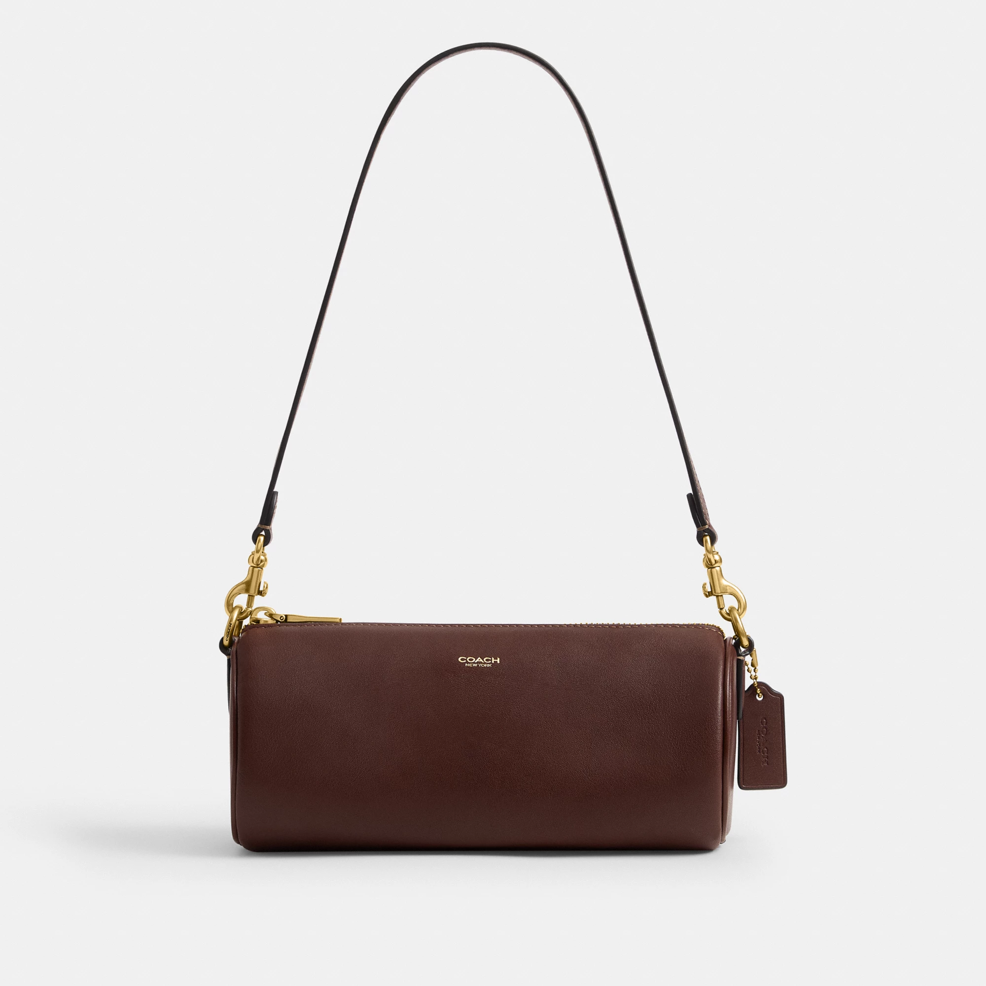 COACH®,Barrel Bag,Cotton,Leather,Barrel Bag,Pendant,Sustainable,Lined,Gold Metal,Day Party,Brown,Front View